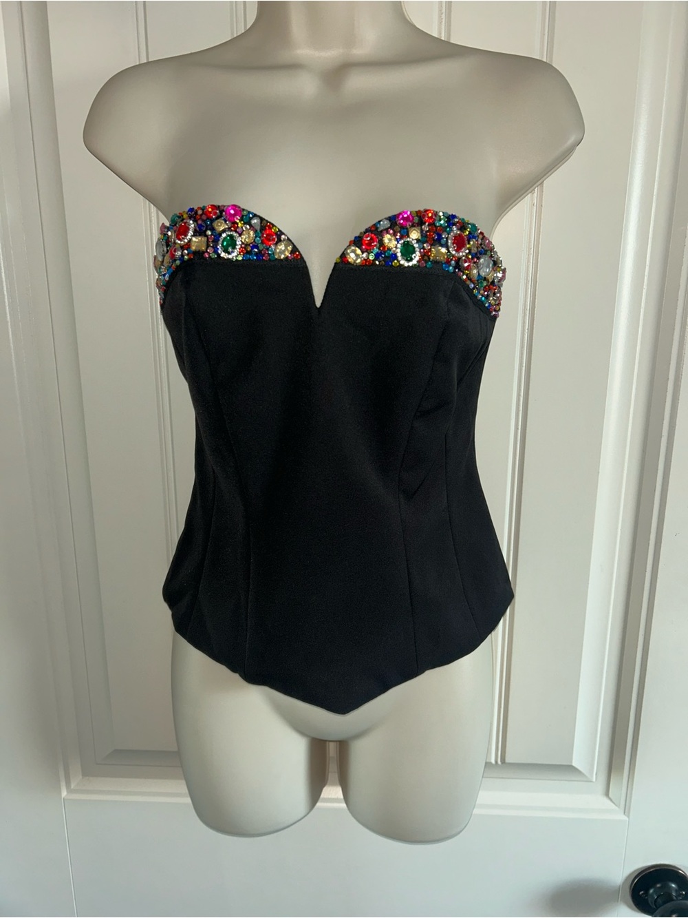 NEW Strapless Black Corset Top with Multicolor Beaded Sweetheart Neckline Sz 0